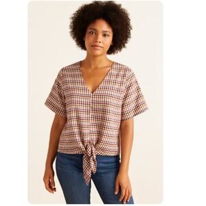 Madewell SZ M Novel Tie-Front Top in Rainbow Gingham Check